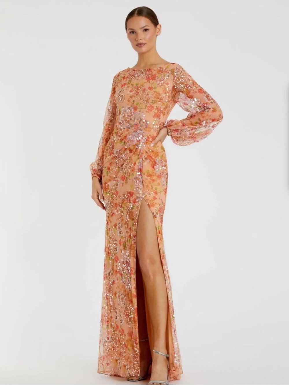 NWT Mac Duggal Peach Sequin Floral Long Sleeve Gown with Thigh Slit Sz:24